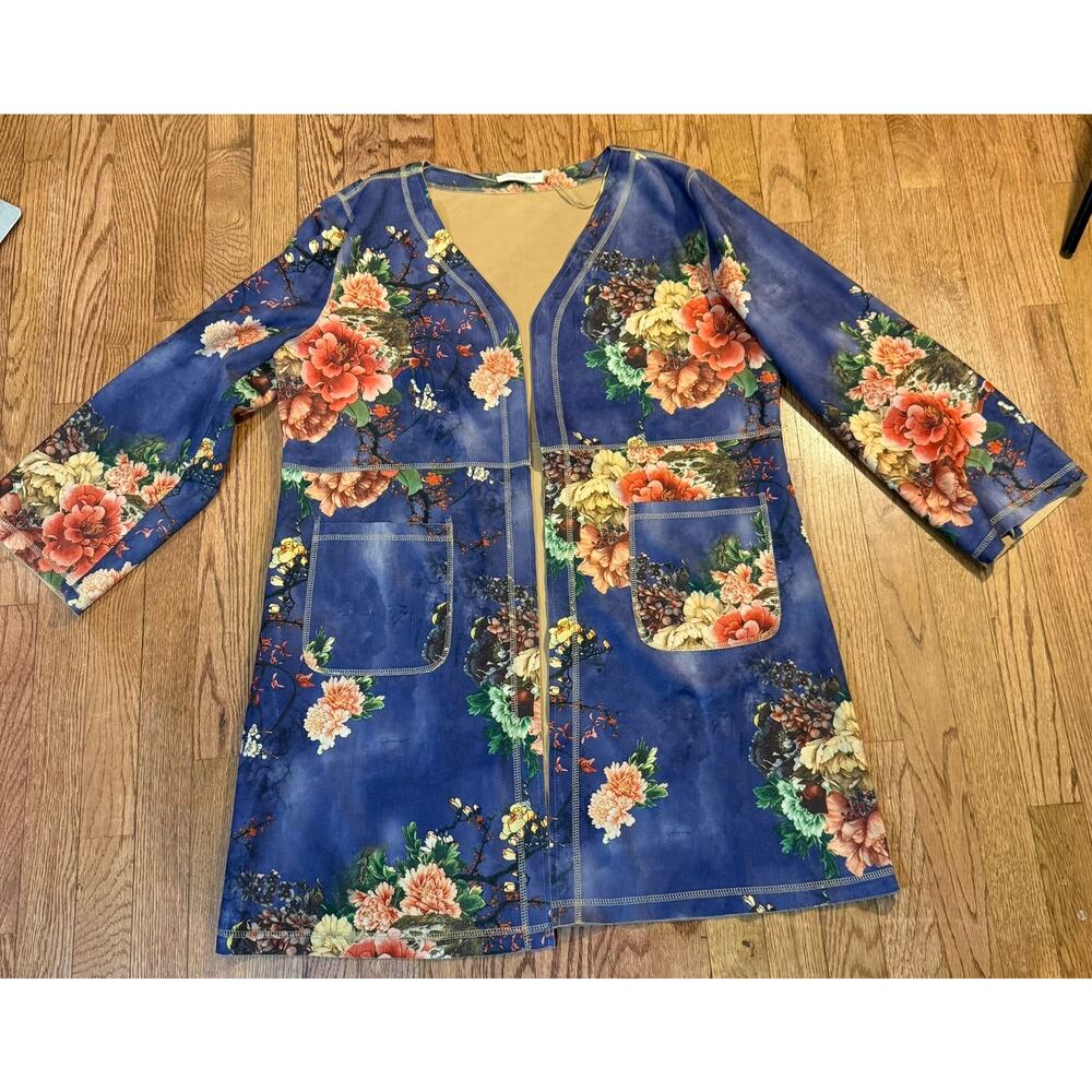 Anthro Solitaire Emilie Duster Kimono Jacket Navy Floral Large